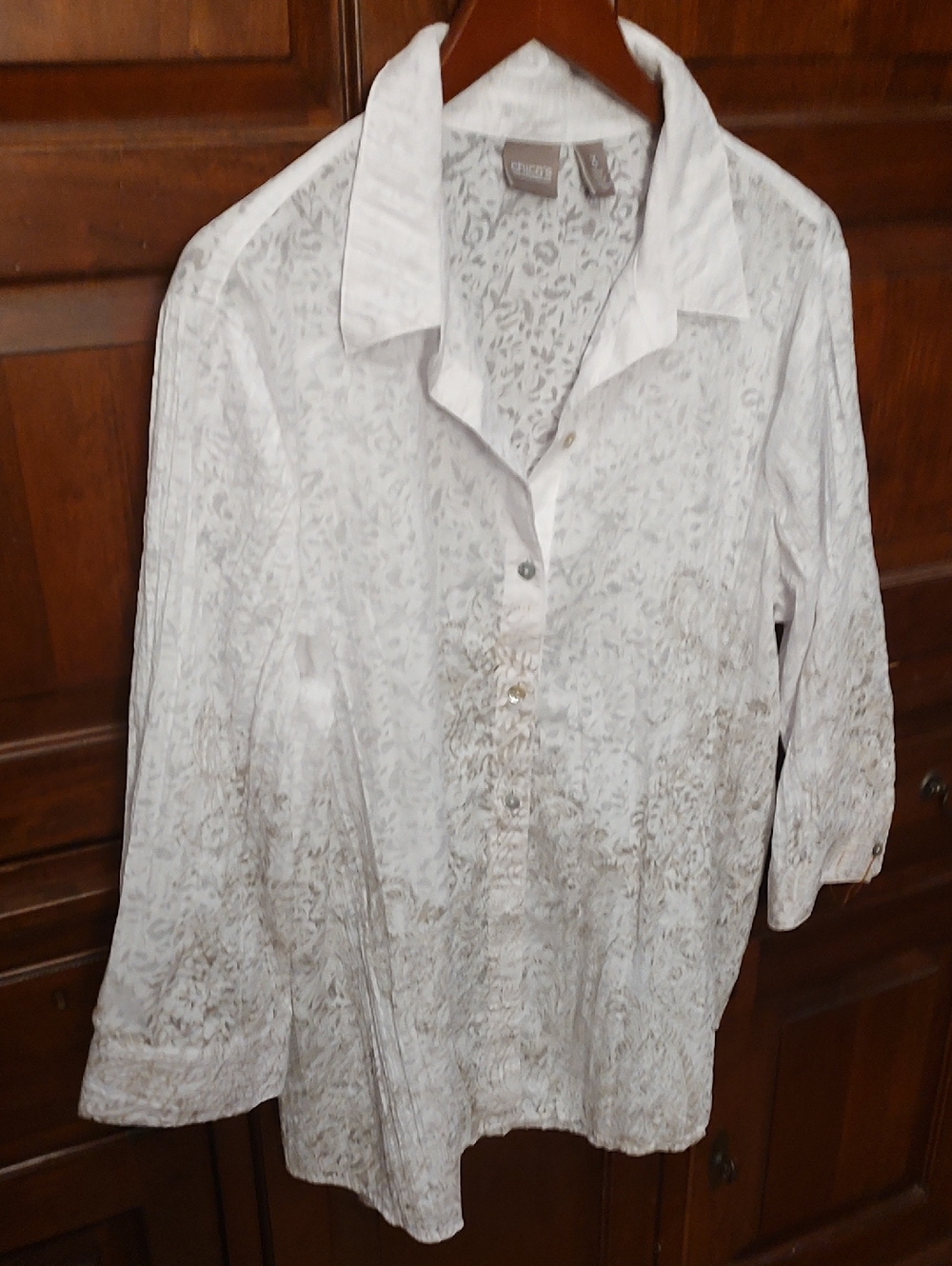 Chico's white/ grey sheer Floral-Print Button Shirt